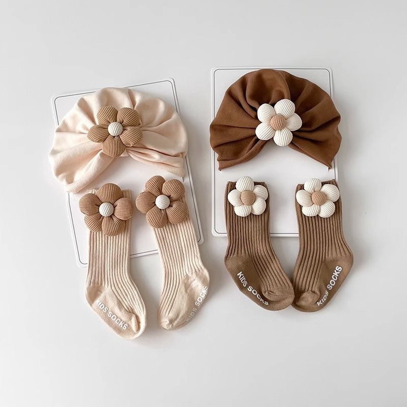 Toddler Sock Set - 2개/세트 귀여운 꽃무늬 아기 터번 모자