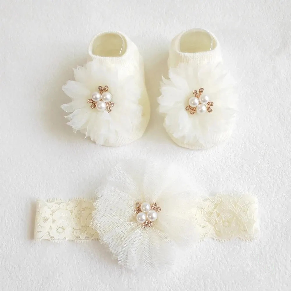 Toddler Sock Set - 사랑스러운 진주 활 아기 머리띠 양말
